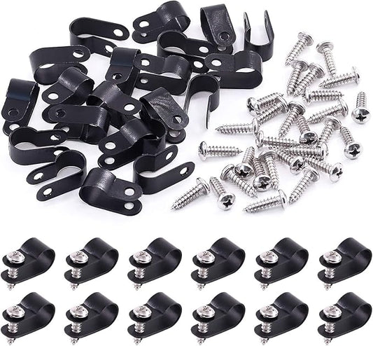 Swpeet 120 Pack Black 3/8 Inch Nylon Plastic R-Type Cable Clips Clamp Kit, Nylon Screw Mounting Cord Fastener Clips with 120 Pack Screws for Wire Management (3/8 Inch, Black)