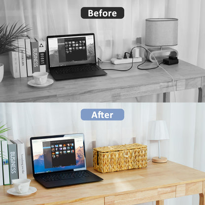 efluky 2 Pack Water Hyacinth Floor Cord Covers with Lid, Hand-woven Cable Management Box, 2 Open Slots Cord Box to to Hide USB Wire, Power Strip & Charger for Home & Office and Dorm, Natural