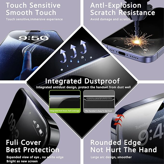 2 Pack Screen Protector for iPhone 16 Pro, 9H Tempered Glass, Full Coverage, Anti-Fingerprint, Auto Dust-Elimination, No Bubble, Easy Installation