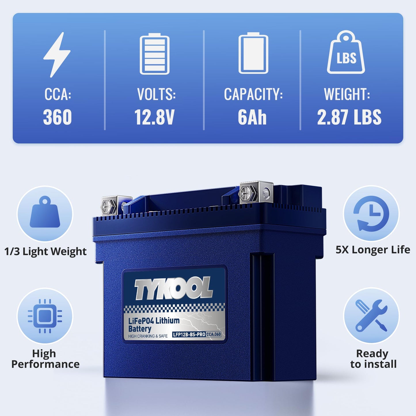 TYKOOL LFP12B-BS-PRO Lithium Battery, Replaces YT12B-BS YT12B-4, 360CCA 6Ah Fits for Motorcycle Scooter ATV, Compatible with Ducati Superbike Monster Multistrada Yamaha R1 FZ6 Kawasaki ZX10R, [+ -]
