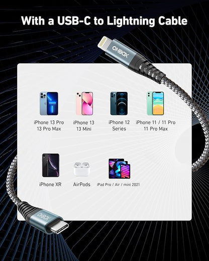 ohbox 1FT USB-C to Lightning Cable 2Pack, MFi Certified Type C iPhone Charger Cord, Fast Charging, Compatible with iPhone 14/13/12/11 Pro Max/XR/XS/X/8 Plus/SE/iPad
