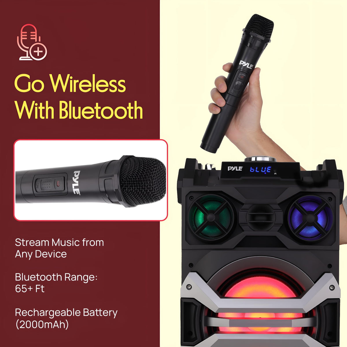 Pyle 500 Watt Portable BT Connectivity Karaoke Speaker System - PA Stereo with 8" Subwoofer, DJ Lights Rechargeable Battery Microphone, Recording Ability, MP3/USB/SD/FM Radio - PWMA325BT