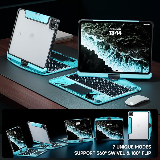 Transparent Case with Keyboard for 2024 iPad Pro 13 inch (M4), iPad Pro 13,7-Color Backlit,Magic Wireless Keyboard, 360°Rotating,Multi-Touch trackpad,Pencil Holder,with Shortcuts,Blue