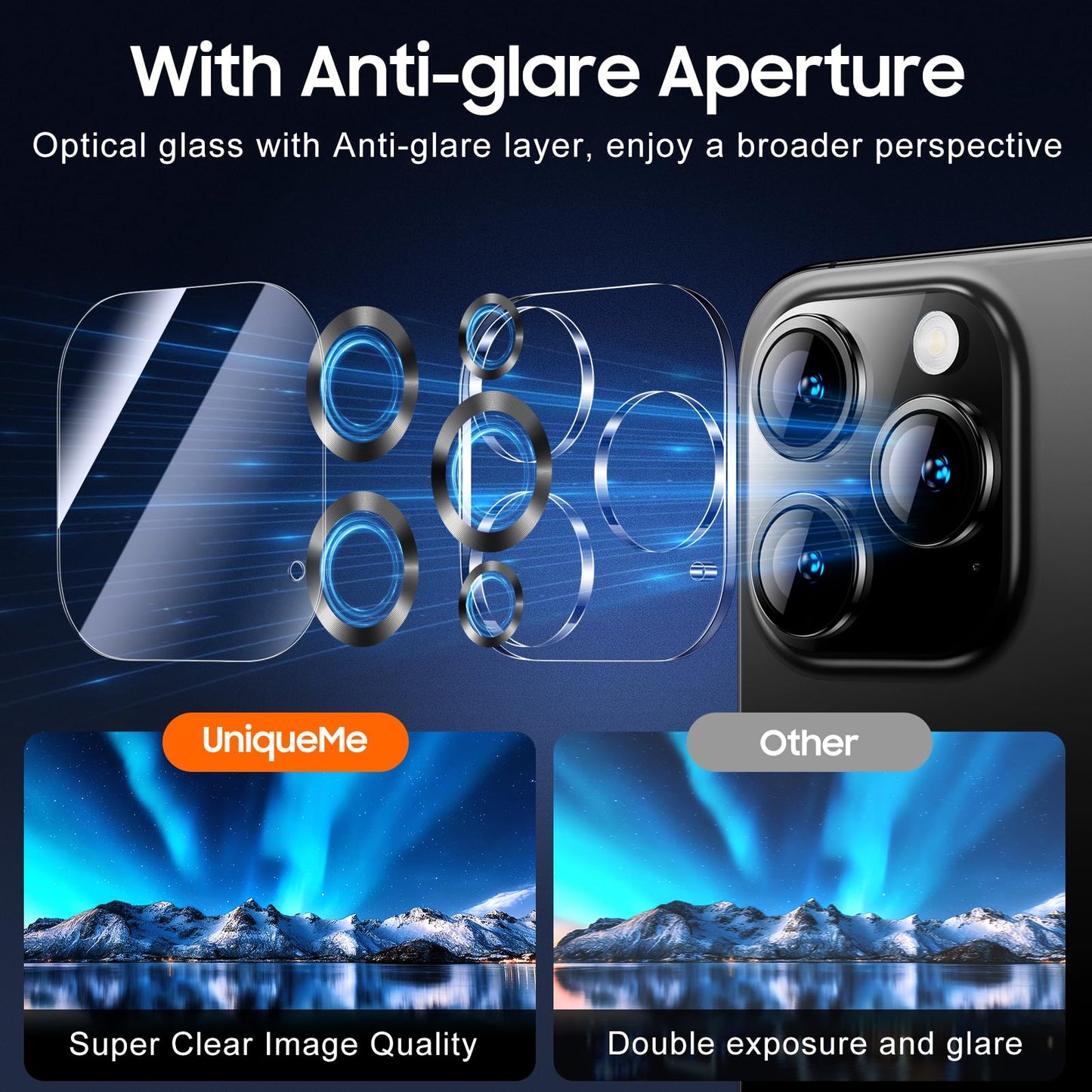 UniqueMe for 3 Pack iPhone 16 Pro/iPhone 16 Pro Max Camera Lens Protector - [Drop Protection] [Case Friendly] 9H Tempered Glass Camera Cover Screen [Update New Version] - Matte Black