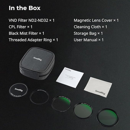 SmallRig 5-in-1 Magnetic 67mm Lens Filter Kit: VND + CPL + Black Mist 1/4 + Threaded Adapter Ring + Magnetic Lens Cover + Storage Bag + Cleaning Cloth, Magnetic Filter Set for Phone Camera Lens - 4726