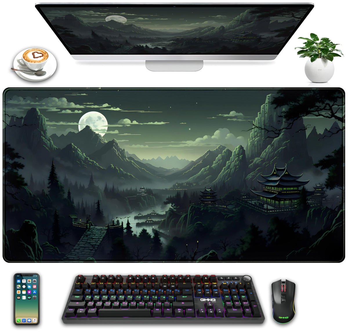 Cool Purple Kawaii Anime Moom Cat Desk Mat XXL Large Gaming Mouse Pad, Cute City Cats Desk Pad for Gamer Girl Women Office Desk Decor Mousepad, Computer Laptop Keyboard and Mouse Mat 31.5x15.75 in