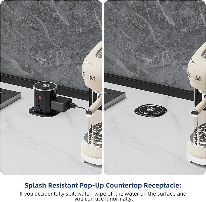 Jgstkcity Pop Up Countertop Outlet with 15W Wireless Charger,20W USB C Ports,Flush Mount Tamper Resistant,Recessed Grommet Receptacle,4 USB 4 Outlets,15A,1875W,ETL Listed,3.15in Hole,Black