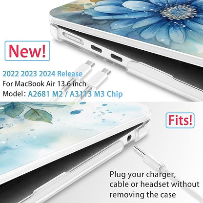 Mektron for 2025 M4 MacBook Air 13.6 Inch A3240 Case Fits 2023 A2681 M2 2024 A3113 M3 Chip with Liquid Retina Display, Printed Plastic Hard Shell Cover for MacBook Air 13.6", Watercolor Blue Flower