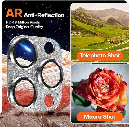 Camera Lens Protector for iPhone 16 Pro Max/16 Pro/15 Pro Max/15 Pro/14 Pro Max/14 Pro, Aluminum Alloy Sapphire Glass Camera Screen Cover, Case Friendly- Glitter White