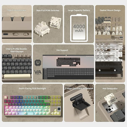 QK87 75% Keyboard with Multimedia Screen, QMK/VIA Wireless Gaming Keyboard, Creamy Mechanical Key Board,3-Mode RGB Custom Gasket Hot Swappable for Windows&Mac, POM Linear Switch (Green Brown)