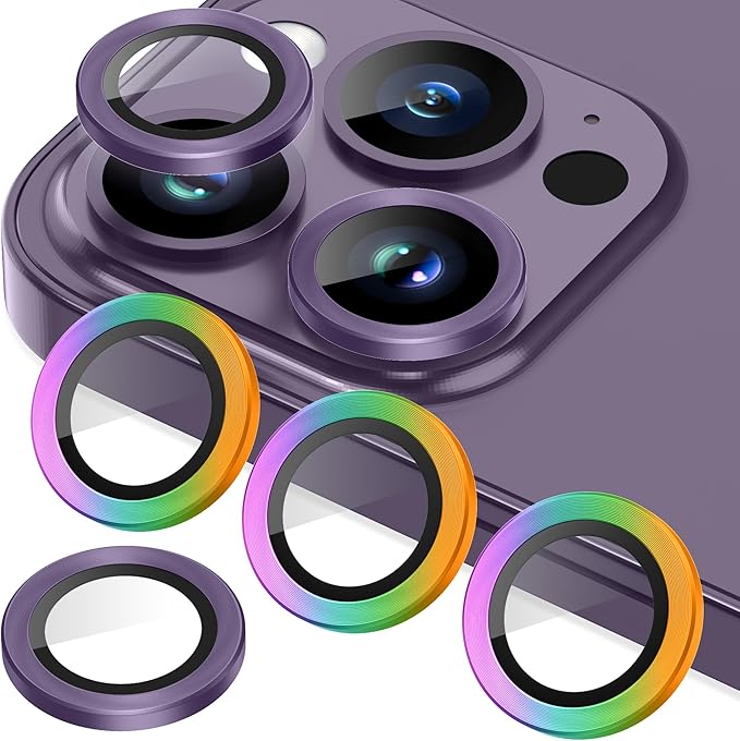 AGVEE 3+3 6 Pack for iPhone 14 Pro 6.1" / 14 Pro Max 6.7" Camera Lens Cover Protector, Metal Ring 9H Tempered HD Glass Camera Cover Protector Film, Purple