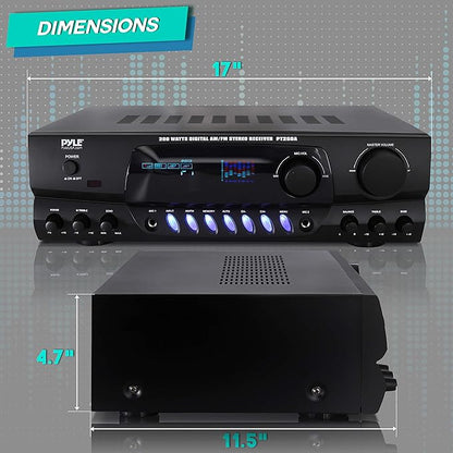 Pyle 200W Home Audio Power Amplifier - Stereo Receiver w/AM FM Tuner, 2 Microphone Input w/Echo for Karaoke, Great Addition to Your Home Entertainment Speaker System - PT260A.5