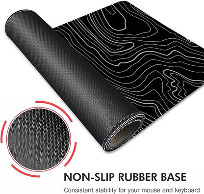 Gaming Mouse Mat Forest Background Pattern XXL XL Large Mouse Mat Long Extended Mouse Pad Desk Mat Non-Slip Rubber Mice Pads Stitched Edges Thin Pad (Topographic Map Balck)