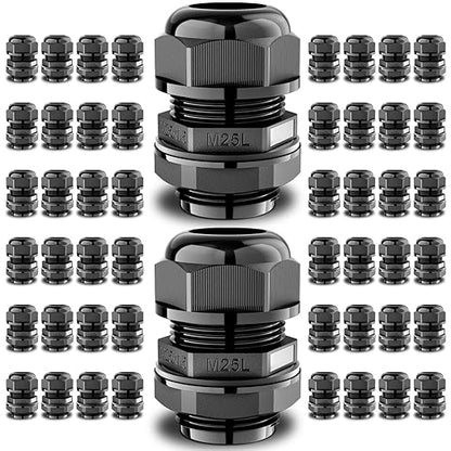 QILIPSU 50pcs M25L Long Thread Cable Gland Waterproof IP68 Nylon Strain Relief Cord Grip Cable Pass Through Wire Connector