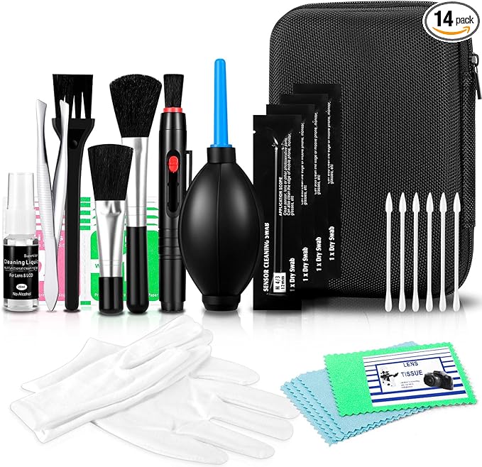 Camera Lens Cleaning Kit - Mirrorless and DSLR Camera Cleaning Kit for Canon, Sony, Nikon, Including Lens Paper/Blower, Cleaning Solution, Cotton swabs, dust Free Cloth, Lens Pen, Cleaning Brush