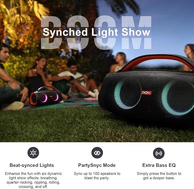 DOSS Extreme Boom+ Outdoor Bluetooth Speaker with 100W Stereo Sound, Extra Bass, 20H Playtime, Party-Sync LED Lights, Built-in Power Bank, IPX6 Waterproof Speaker for Camping, Pool, Beach, Yard