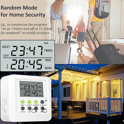 3-in-1 Dual Outlet Timer Plug with Interval Cycle for Indoor, 7 Day 24 Hour Programmable Digital Repeat Timer Switch(15A, 1875W)