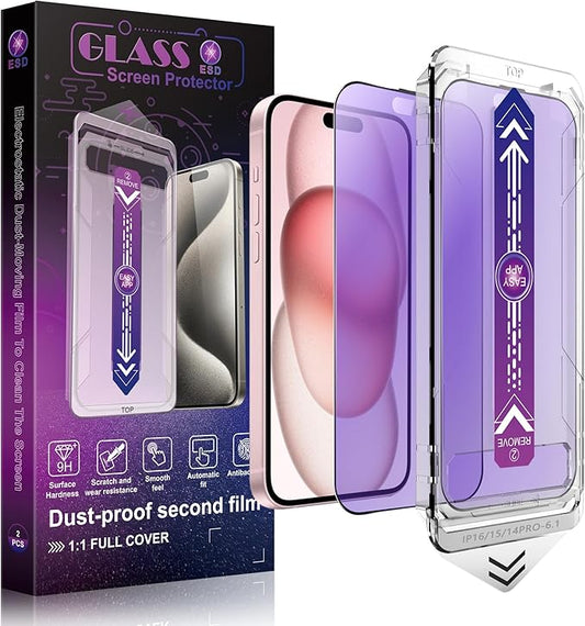 SHANG PIN JIA 2 Pack Anti Blue Light Matte Screen Protector for iPhone 16 and iPhone 15 and iPhone 14 Pro 6.1-Inch Auto Dust Removal, No Bubbles, Tempered Glass Film, Easy Installation