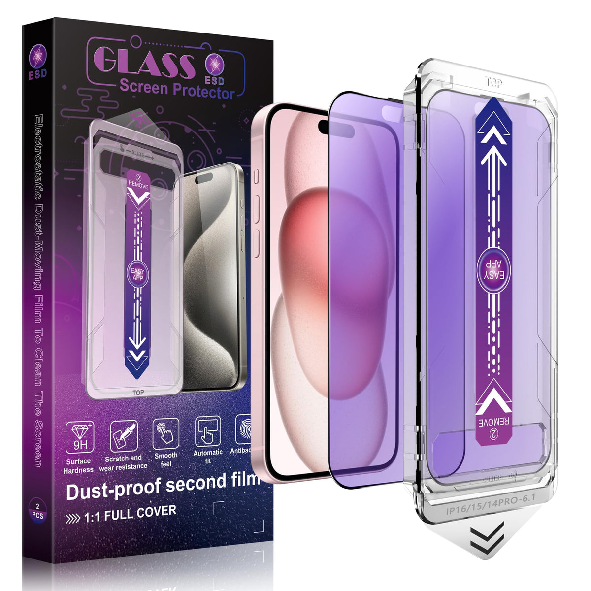 SHANG PIN JIA 2 Pack Screen Protector Tempered Glass for iPhone 15 Pro Max 6.7-Inch Auto Dust Removal, No Bubbles, High Definition Clear, Easy Installation