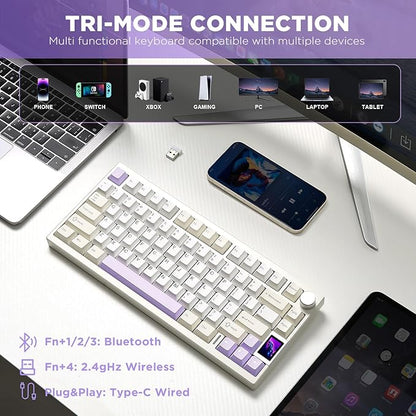 YUNZII AL80 Wireless Mechanical Keyboard,Full Aluminum CNC, Smart LCD Display,Hot Swappable Gasket Mount 75% Layout with Knob,BT/2.4G/USB-C,QMK/VIA Support for Win/Mac (Beige, Cocoa Cream V2 Switch)