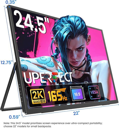 UPERFECT 24.5" Portable Gaming Monitor, 2K QHD 2560×1440, 165Hz USB-C, 144Hz HDMI, 1ms, FreeSync HDR IPS, Dual Speakers, VESA Mount, Adjustable Stand, Travel Second Screen for Laptop/MacBook/Switch