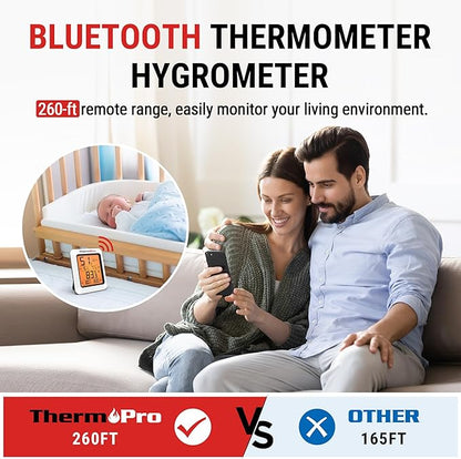 ThermoPro Hygrometer Thermometer for House TP350, Bluetooth Room Indoor Greenhouse Thermometer Monitor Up to 260FT, Backlit Humidity Meter Temperature Sensor with 2-Year Data Export, 2 Pack