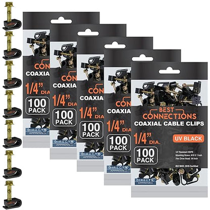 Best Connections Coaxial Cable Clips with Pre-Inserted Screw 1/4" inch (500 Pack) – Black Single Mounting Clamps for Coax (RG6, RG59) and Ethernet Cables – Cord Fasteners/Strain Relief Clip