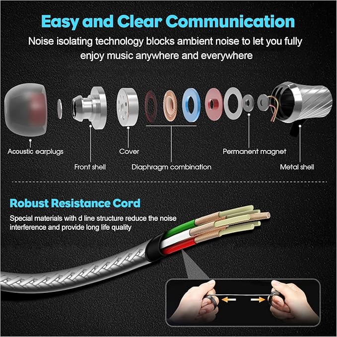 Super Bass Wired Earbuds with Microphone – Noise Cancelling, Deep Bass Ear Buds for Gaming, Travel, Work – Comfortable, Durable Wired Earphones with Mic, Compatible with iPhone, Samsung