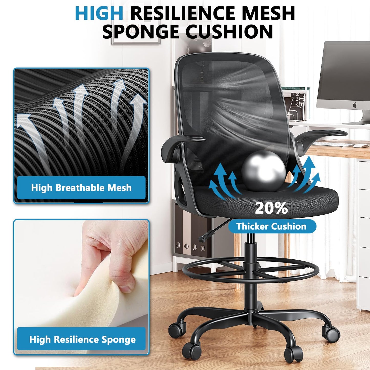 Kensaker Drafting Chair Tall Office Chair, Ergonomic Standing Desk Chair with Adjustable Foot Ring and Flip-up Armrests, Mesh Computer Chair for Art Studio, 300 LBS, Black