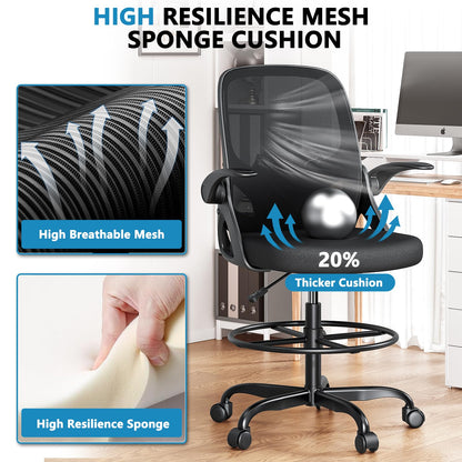 Kensaker Drafting Chair Tall Office Chair, Ergonomic Standing Desk Chair with Adjustable Foot Ring and Flip-up Armrests, Mesh Computer Chair for Art Studio, 300 LBS, Black