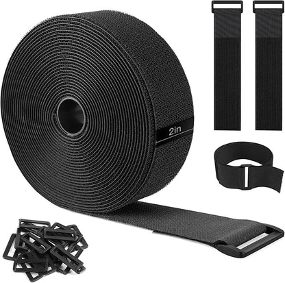 26ft x 2in Heavy Duty Cable Straps with 20pcs Plastic Buckles, Free Cut to Length Cinch Strap, Reusable & Adjustable Hook and Loop Straps for Cable Ties, Cord Organizer, Wire Management