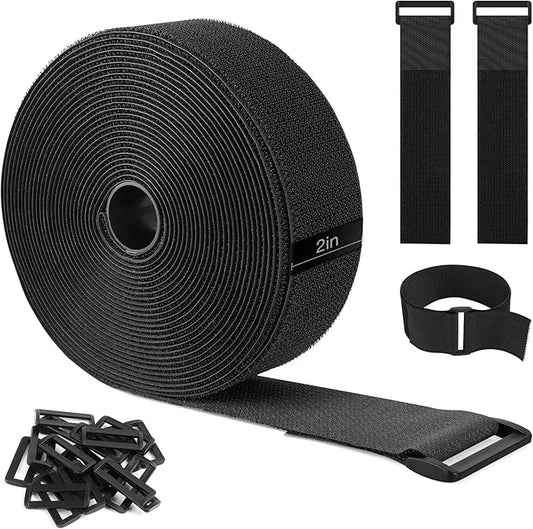 26ft x 2in Heavy Duty Cable Straps with 20pcs Plastic Buckles, Free Cut to Length Cinch Strap, Reusable & Adjustable Hook and Loop Straps for Cable Ties, Cord Organizer, Wire Management
