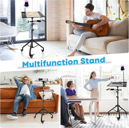 Portable Laptop & Projector Stand with Phone Holder and Mouse Tray ，Adjustable Height Tripod Stand for Laptop, Projector, DJ, Sheet Music，Black