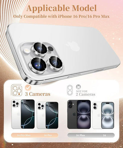 GolbinBox Camera Lens Protector for iPhone 16 Pro Max/16 Pro, 1:1 Invisible Fit, 9H Tempered Glass Ultra HD Metal Individual Camera Cover Screen Protectors for Women, Case Friendly, Bling/Sliver