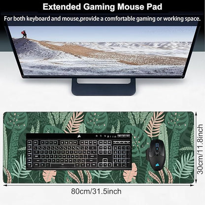 Tropical Plants and Leaves Desk Mat,Large Tropical Palm Leaves Gaming Keyboard Mouse Pad,Non-Slip Rubber Base Desk Pad Thick Stitched Edges Waterproof Mousepad Mouse Mat 31.5"x11.8"