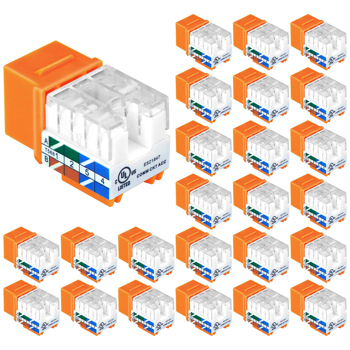 VCE UL Listed Cat6 Keystone Jacks 10Gbps 25-Pack, Orange