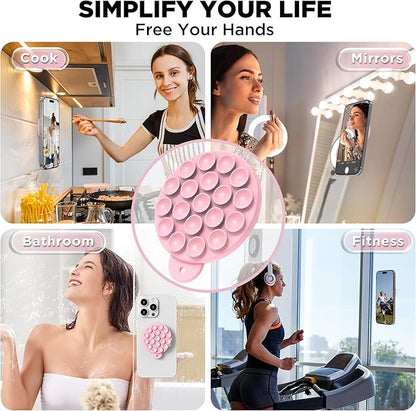 Magnetic Suction Cup Phone Mount for MagSafe Case, Silicone Hands-Free Grip Holder for iPhone and Android, Mirror Shower Phone Stand for Makeup FaceTime Gym Kitchen Bathroom, Pink