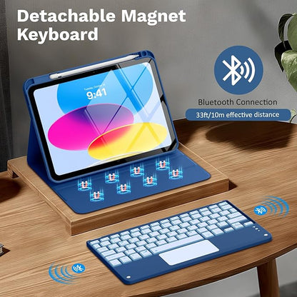 MoKo Touch Keyboard Case for iPad (A16) 11th Generation 11 inch 2025, iPad 10th Generation 10.9 inch Case with Pencil Holder, 7 Colors Backlit Multi-TrackPad Detachable Bluetooth Keyboard, Navy Blue
