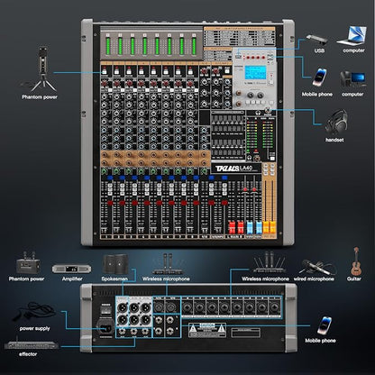 Digital Mixer 16 Channel,Sound Board Mixing Console, Dual DSP Reverb, Dual 7-Band EQ, 48V Phantom Power, 4 Group Stereo Output Input, PAD