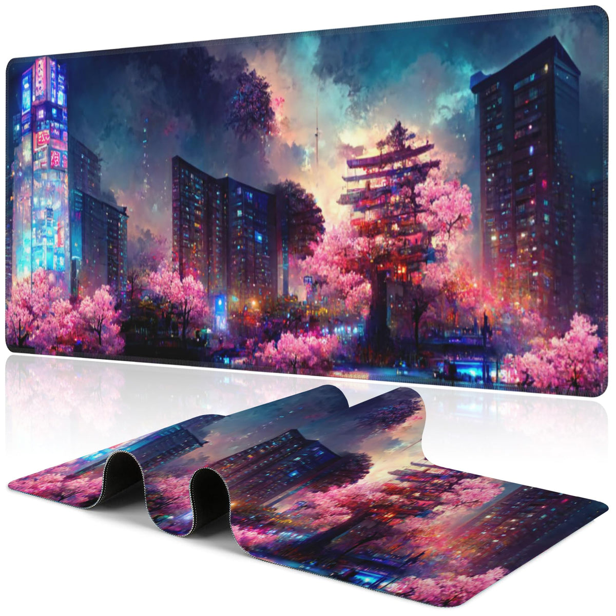 Purple Groovy Flowers Desk Mat,Large Vintage Floral Gaming Keyboard Mouse Pad,Non-Slip Rubber Base Desk Pad Thick Stitched Edges Waterproof Mousepad Mouse Mat 31.5"x11.8"