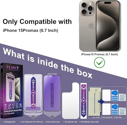 2 Pack Anti Blue Light Matte Screen Protector for iPhone 15 Pro Max, 9H Tempered Glass, Full Coverage, Anti-Fingerprint, Auto Dust-Elimination, No Bubble, Easy Installation