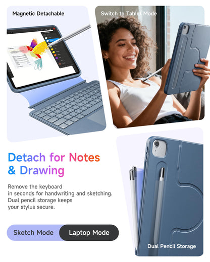 Rotating & Detachable Keyboard Case for iPad Air 11 inch M4/M3/M2,Air 5th/4th gen & iPad Pro 11" 1st/2nd/3rd/4th generation,Adjustable Stand,Stylus Slot,Trackpad,Backlit,Full Protection Cover,Blue