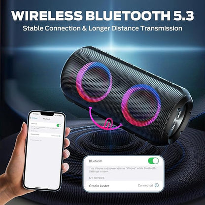 BUGANI Luster Bluetooth Speakers, Portable Wireless Stereo Speaker with Colorful Lights, Loud Sound, Bluetooth 5.3, 24H Playtime, IPX6 Waterproof, AUX-in, for Home/Outdoor/Camping/Beach