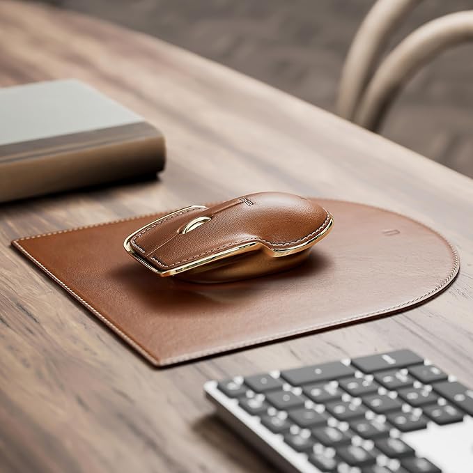 LUNAR ARTEFACTS Ambidextrous Rechargeable Bluetooth Wireless Computer Mouse Brown French Leather and Gold Tone Plated Aluminum, Qi Enabled USB-C