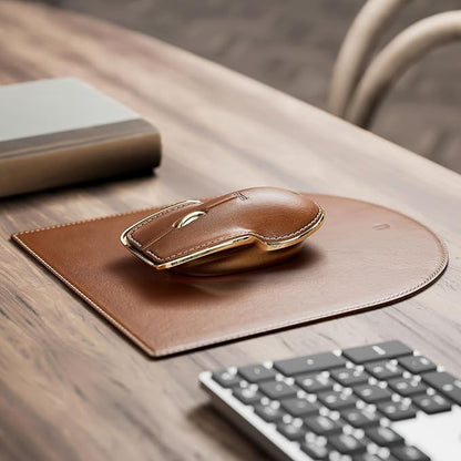 LUNAR ARTEFACTS Ambidextrous Rechargeable Bluetooth Wireless Computer Mouse Brown French Leather and Gold Tone Plated Aluminum, Qi Enabled USB-C