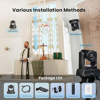 PTZ Camera HDMI/USB 10X Optical Zoom 60fps 1080P Video Conference Camera for Church Worship Live Streaming Meeting Online Learn with Zoom YouTube OBS and More