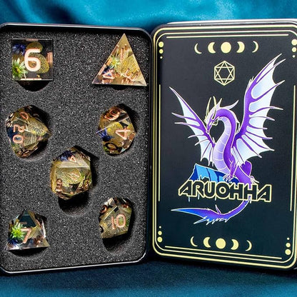 ARUOHHA DND Resin Dice Translucent Yellow Leaf Sharp Edged Dice Set, 7pcs Flower Inclusions Polyhedral D and D Dice RPG Role Playing Game D20 D12 D10 D8 D6 D4