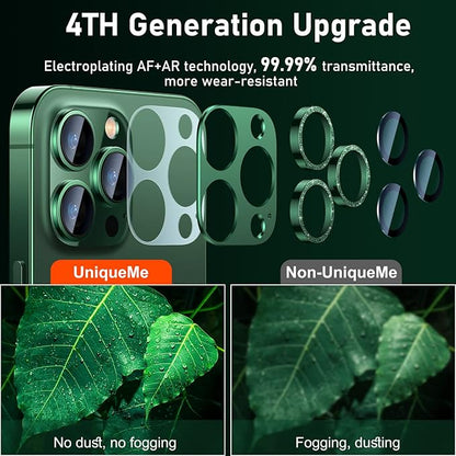 UniqueMe for iPhone 13 Pro/iPhone 13 Pro Max Camera Lens Protector, [Strong Drop Protection] [Not Easy to Fall-off] Metal Ring Tempered Glass Rear Camera Screen Cover - Alpine Green (Bling Circle)