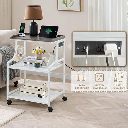 Lauren&Harold 34'' Printer Stand with Power Outlets & USB Ports, 3-Tier Adjustable Rolling Cart, Heavy Duty 150LBS Storage Table with Wheels for Office, Kitchen, Living Room, White