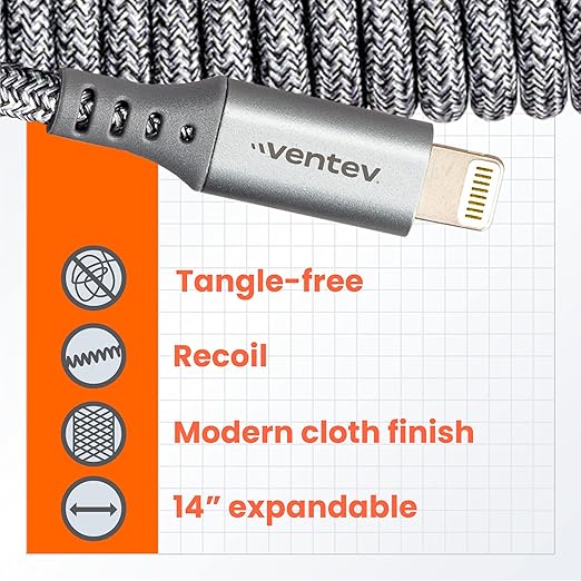 Ventev Helix 14 in Expandable iPhone Cable | Fast Charging USB-A to Lightning Cable | Coiled MFi Certified iPhone Charger Cord | No Tangle Cord, Conveniently Crafted for The Car iPhone, Gray